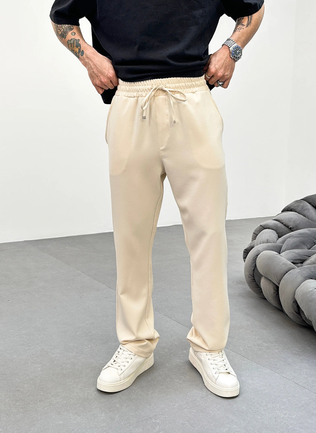 Pantalon Jogging Beige Coupe droite et Large bonhomme