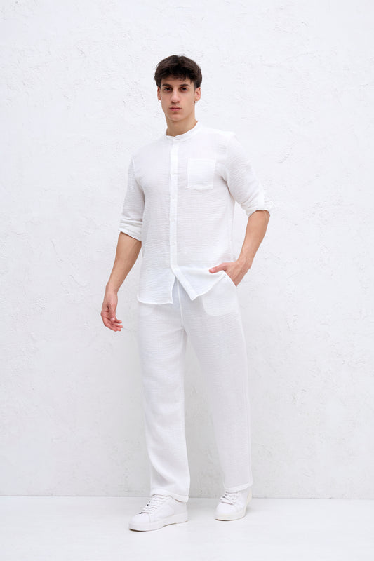 Ensemble Blanc Chemise Col mao et pantalon