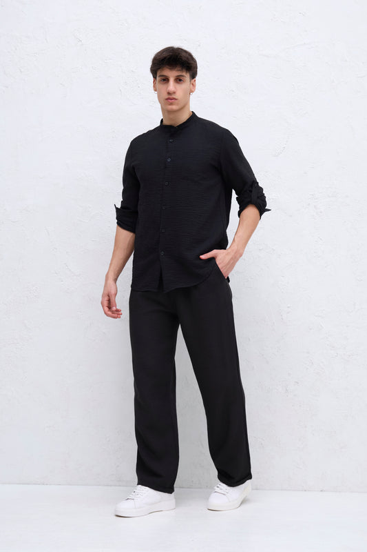 Ensemble Noir Chemise Col mao et pantalon