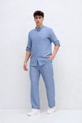Ensemble Bleu Chemise Col mao et pantalon bonhomme