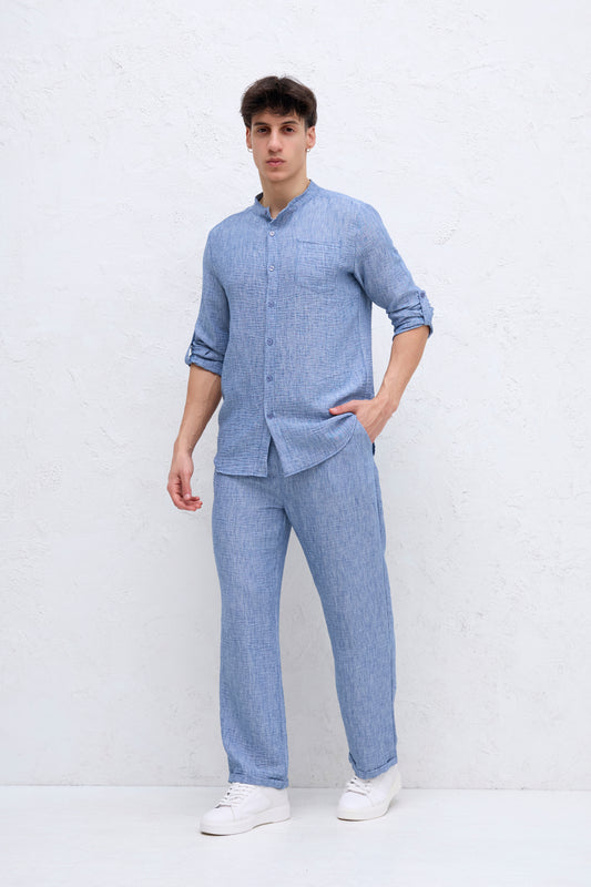 Ensemble Bleu Chemise Col mao et pantalon