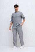 Ensemble Gris Chemise Col mao et pantalon bonhomme