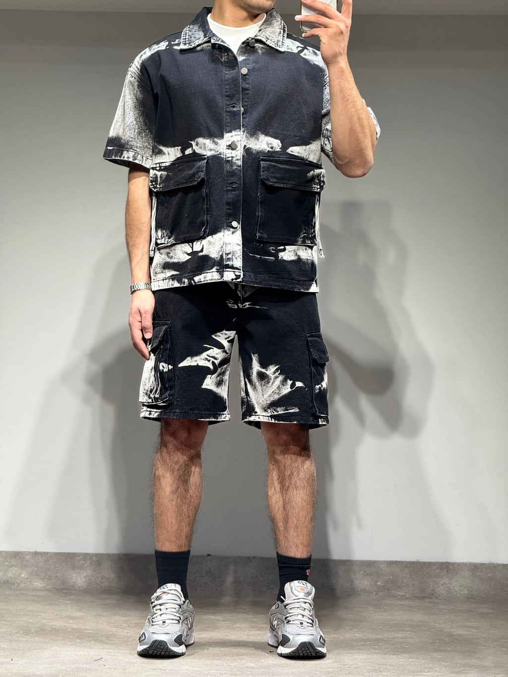 Ensemble Chemise et Short en Jeans Noir et Blanc Delavé bonhomme