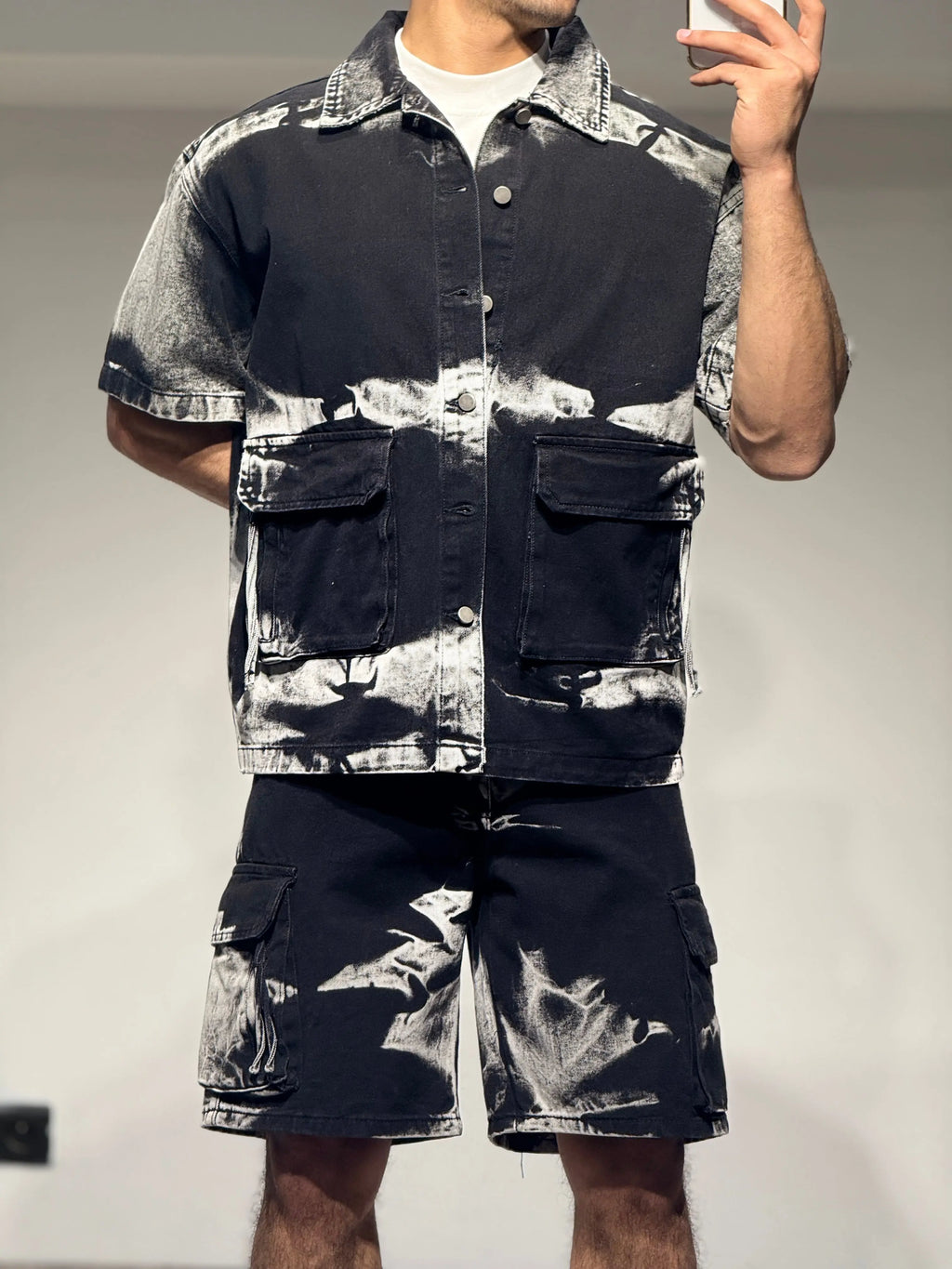 Ensemble Chemise et Short en Jeans Noir et Blanc Delavé bonhomme