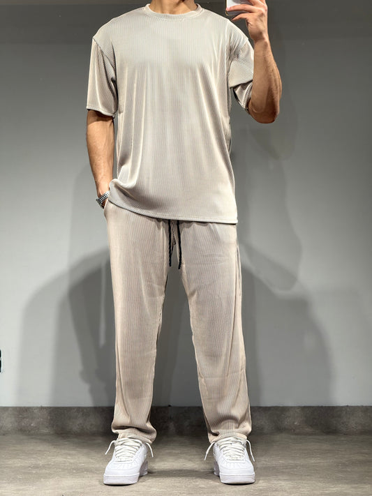 Ensemble Plissé Tee Shirt et Pantalon Beige