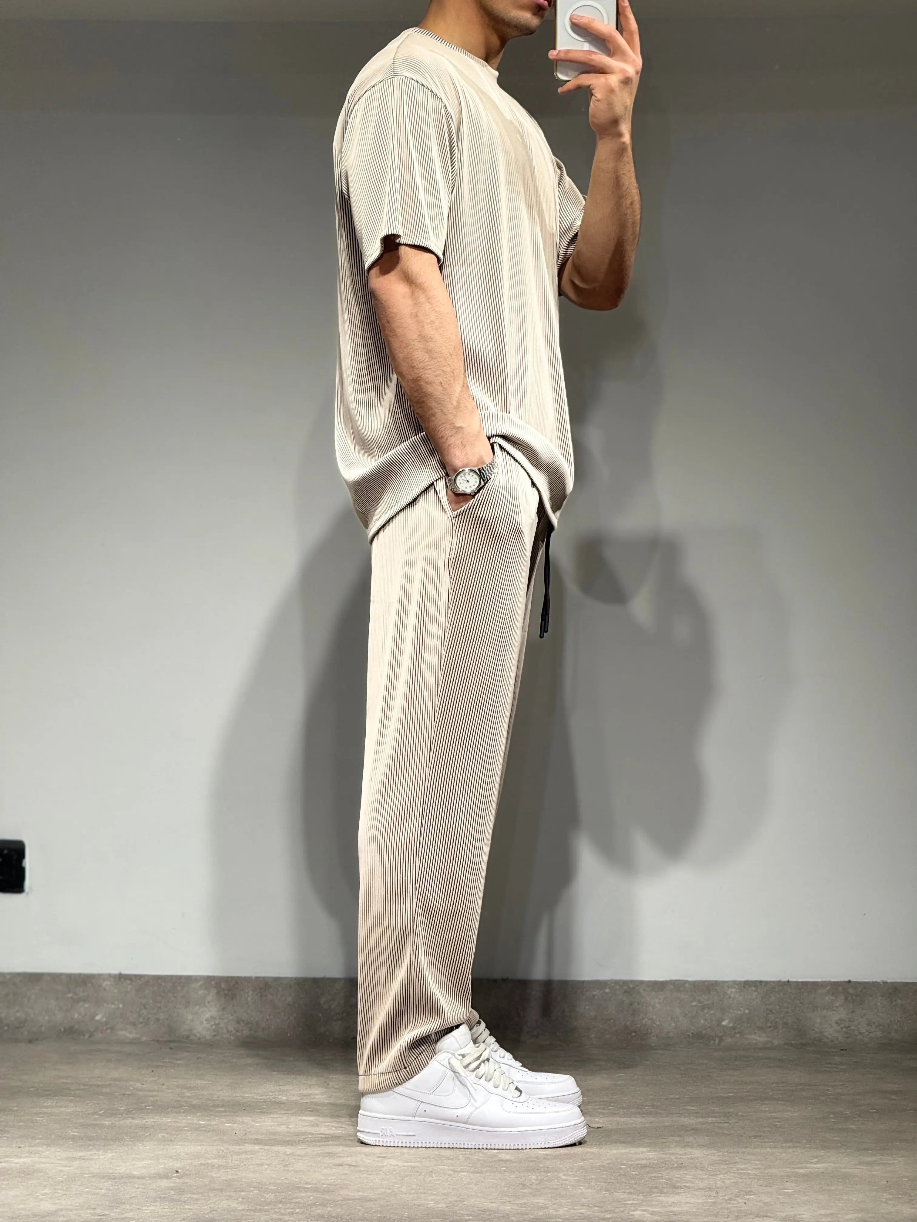 Ensemble Plissé Tee Shirt et Pantalon Beige bonhomme