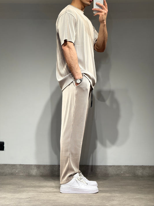 Ensemble Plissé Tee Shirt et Pantalon Beige