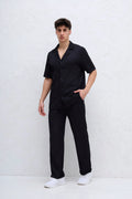 Ensemble Noir Plissé ondulé Chemise et Pantalon bonhomme