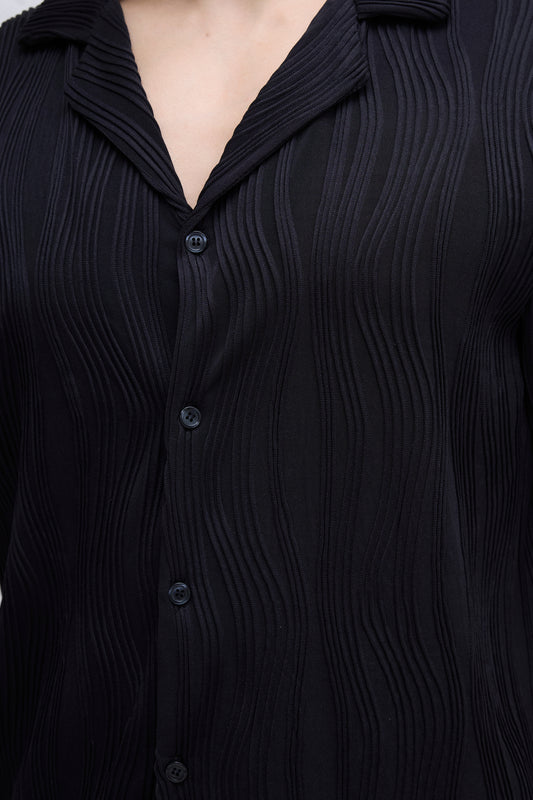 Ensemble Noir Plissé ondulé Chemise et Pantalon