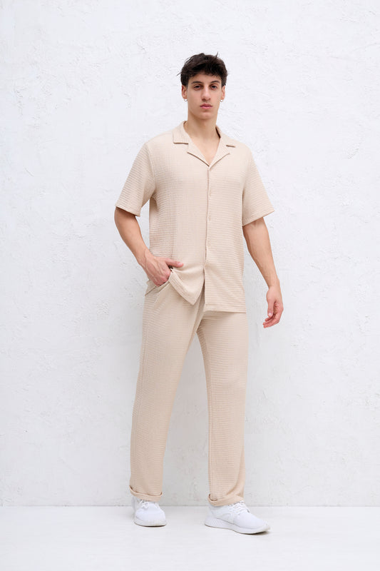 Ensemble Beige Chemise et Pantalon Gauffré
