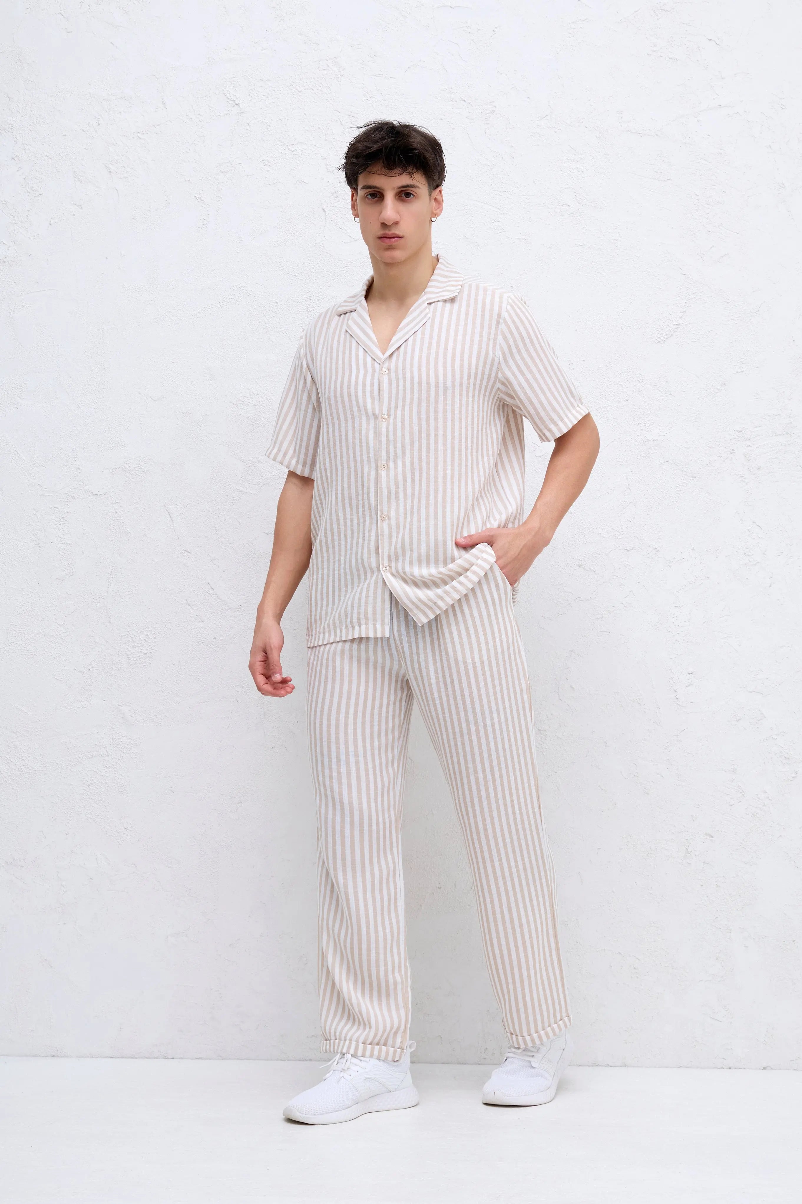 Ensemble Chemise et Pantalon à rayure Beige bonhomme