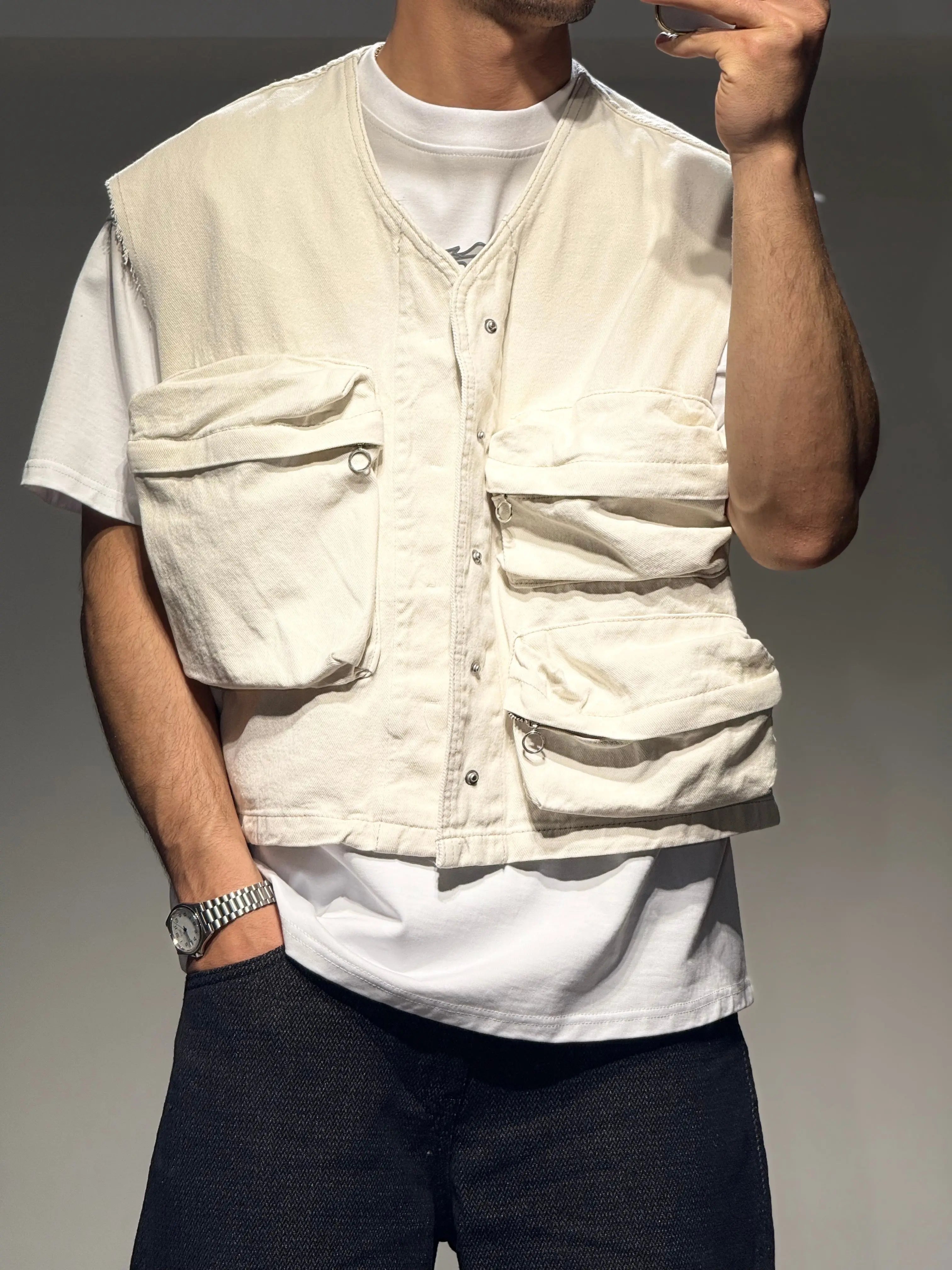 Veste Sans Manches En Jeans Beige bonhomme