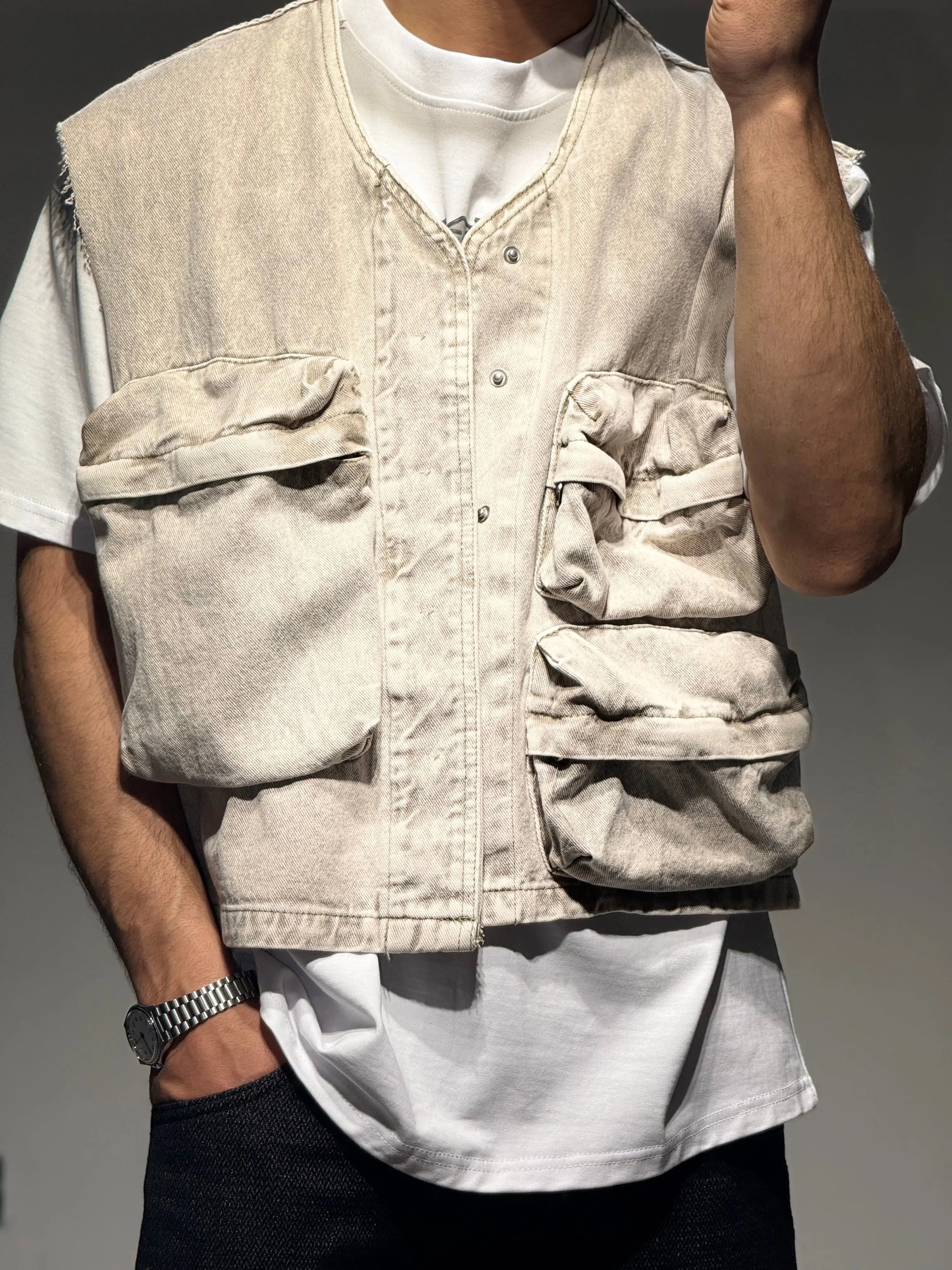 Veste Sans Manches En Jeans Beige Délavé bonhomme