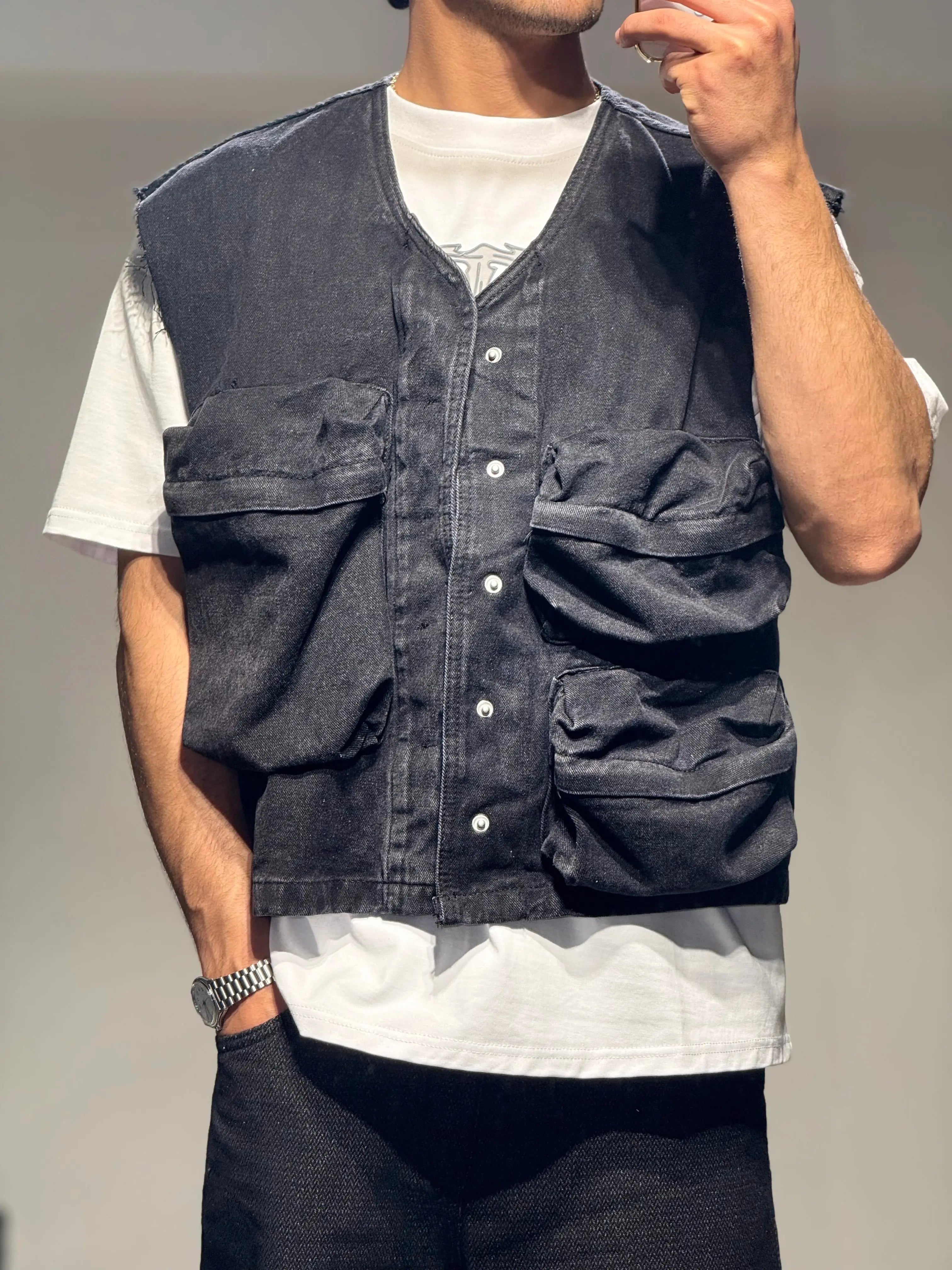 Veste Sans Manches En Jeans Noir bonhomme