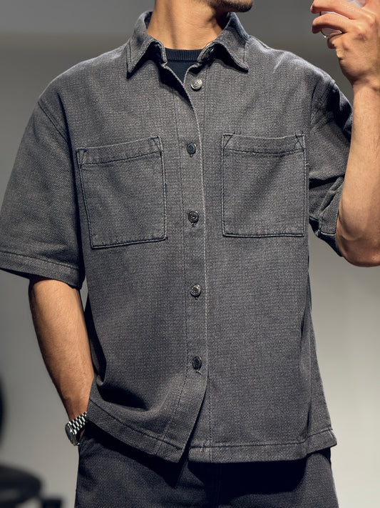 Ensemble Chemise et Short en Jeans Noir Chevrons