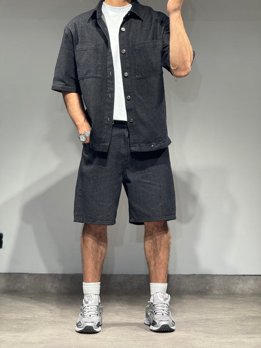 Ensemble Chemise et Short en Jeans Noir Chevrons