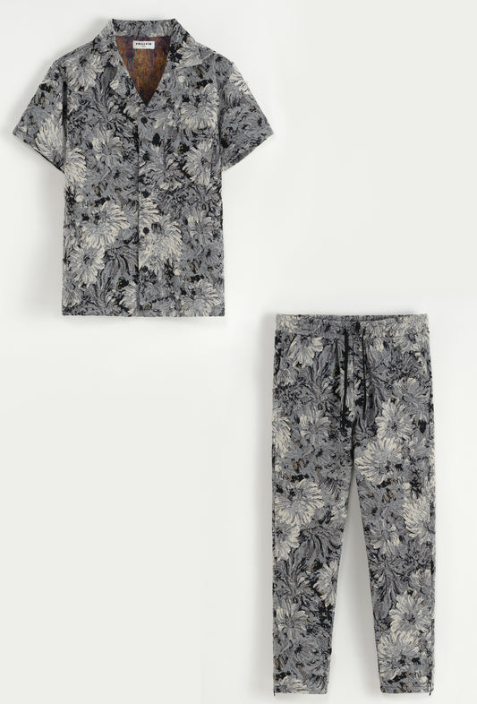 Ensemble Chemise et Pantalon Floral Gris et Blanc
