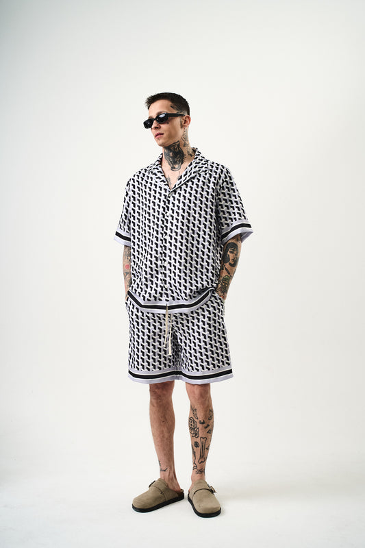 Ensemble Chemise et Short Motifs Blanc Noir