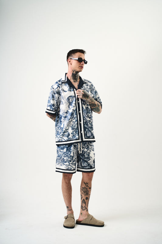 Ensemble Chemise et Short Toile de Jouy Blanc Marine