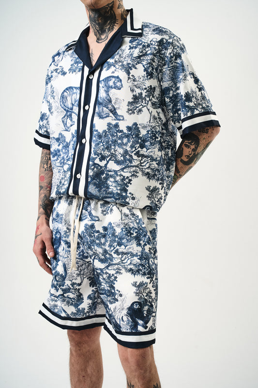 Ensemble Chemise et Short Toile de Jouy Blanc Marine