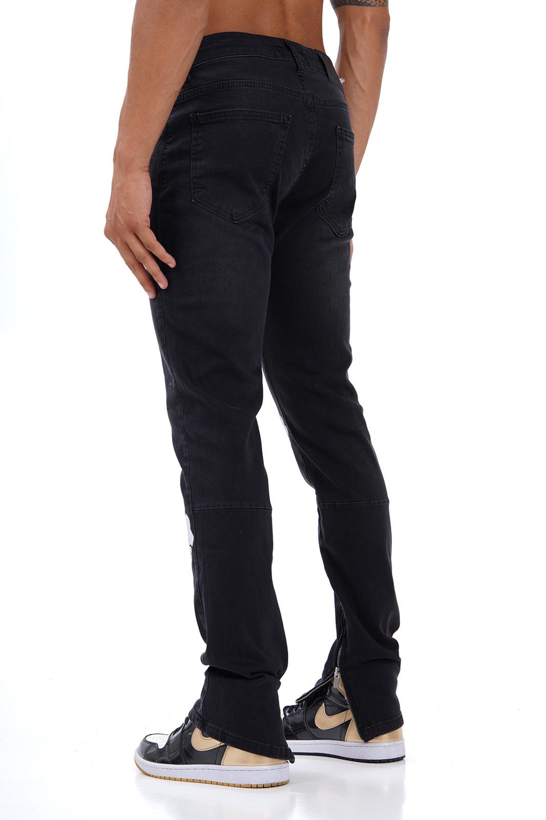 Jean Slim Noir Zippe Imprime Coton avec Fermeture a la Cheville