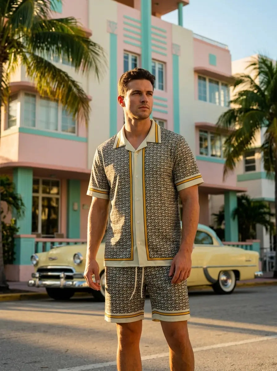 Ensemble chemise et short imprimé géométrique triangles bonhommeboutique