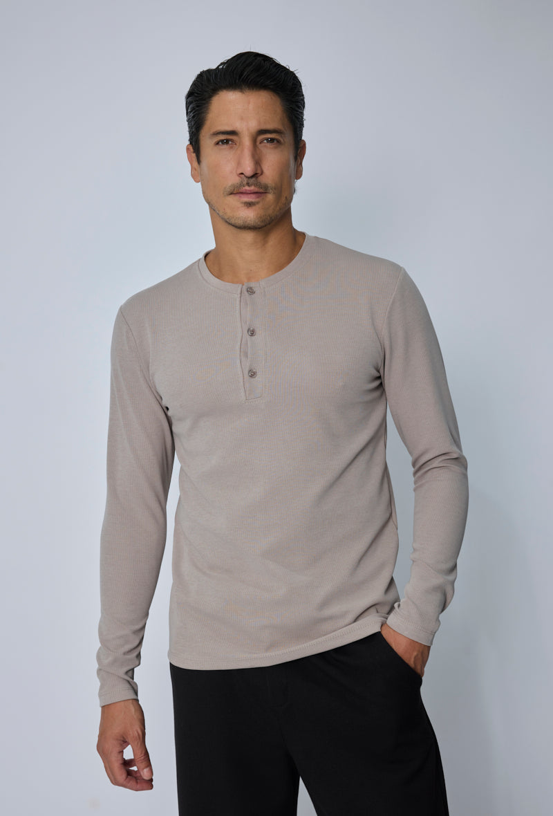 T-shirt Henley homme manches longues en maille côtelée, col tunisien boutonné, coupe ajustée