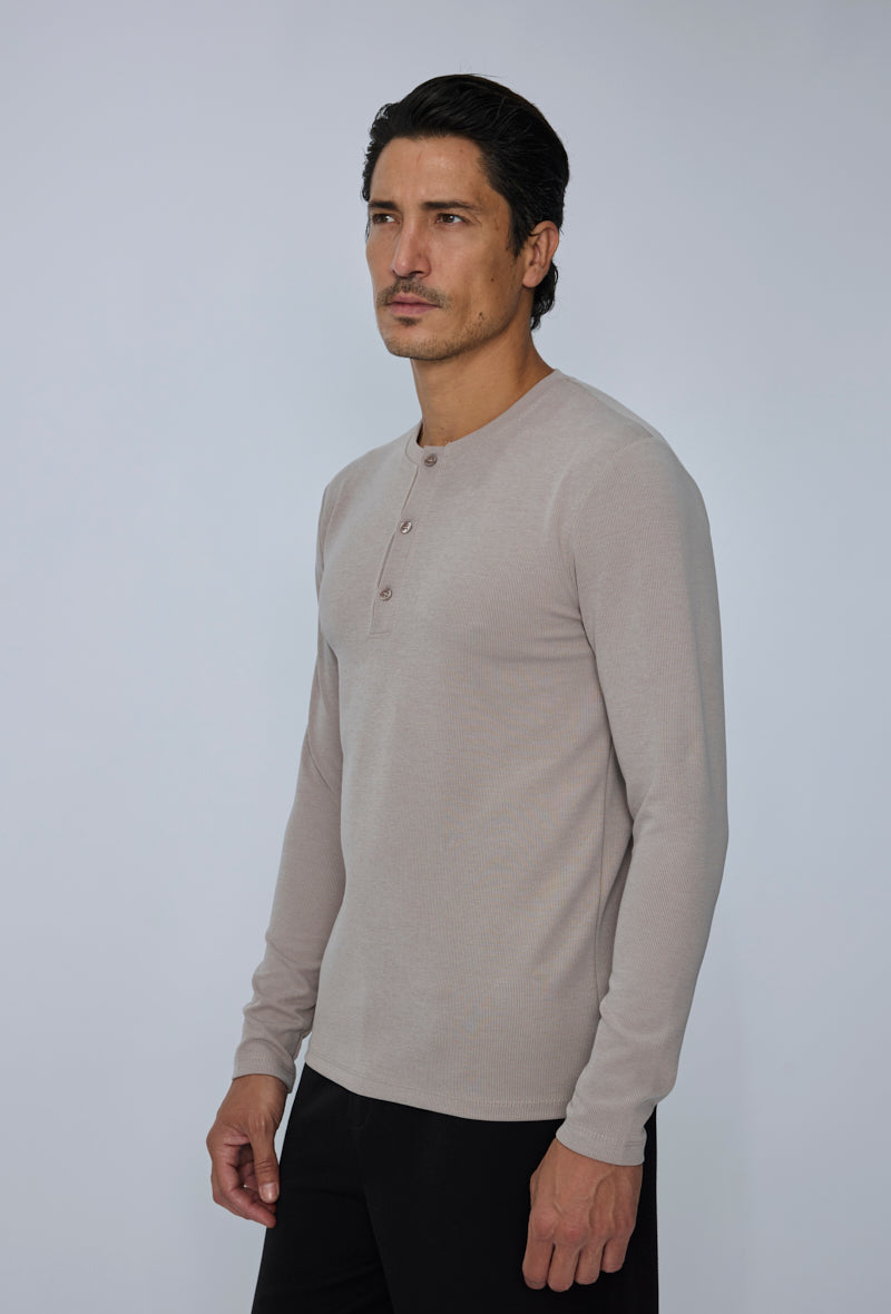 T-shirt Henley homme manches longues en maille côtelée, col tunisien boutonné, coupe ajustée