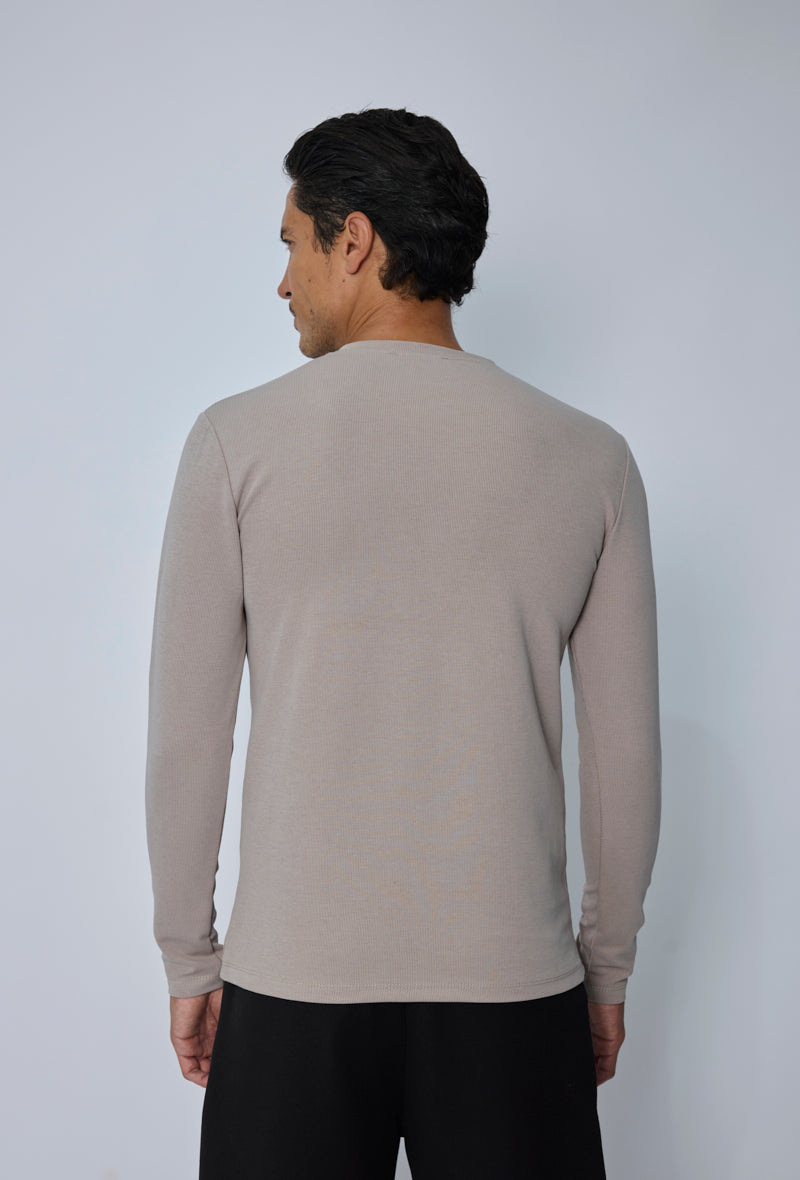 T-shirt Henley homme manches longues en maille côtelée, col tunisien boutonné, coupe ajustée