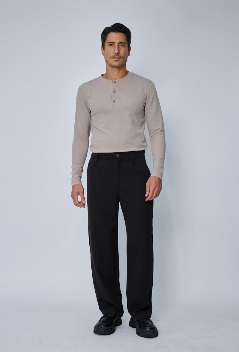 T-shirt Henley homme manches longues en maille côtelée, col tunisien boutonné, coupe ajustée