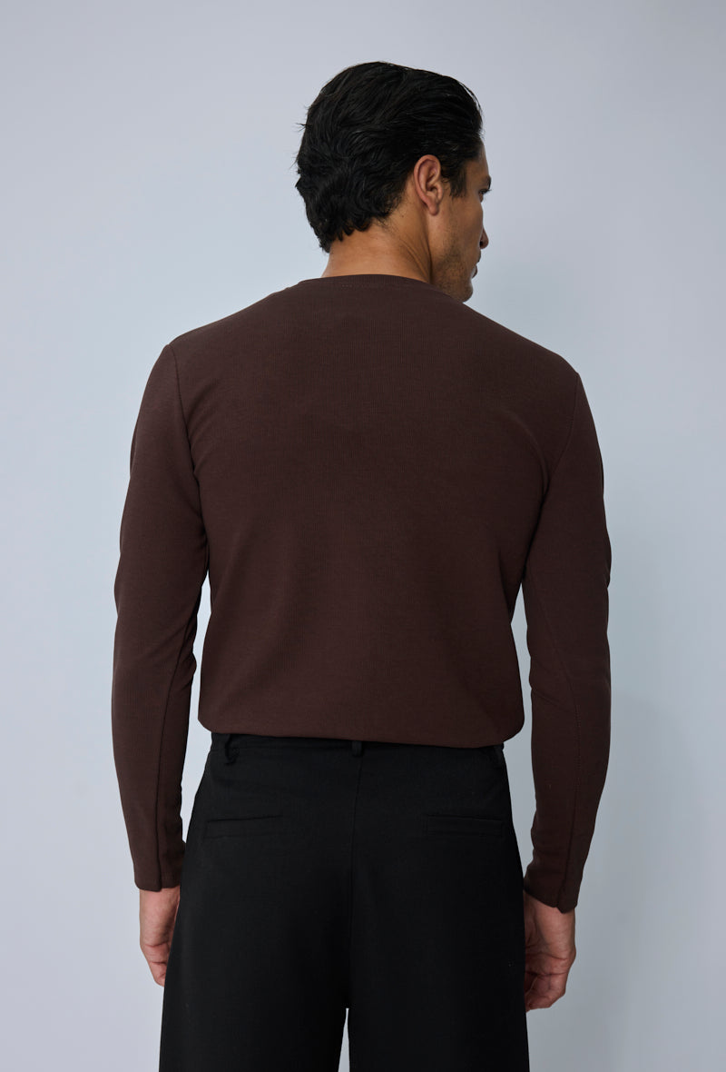 T-shirt Henley homme manches longues en maille côtelée, col tunisien boutonné, coupe ajustée
