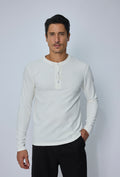 T-shirt Henley homme manches longues en maille côtelée, col tunisien boutonné, coupe ajustée