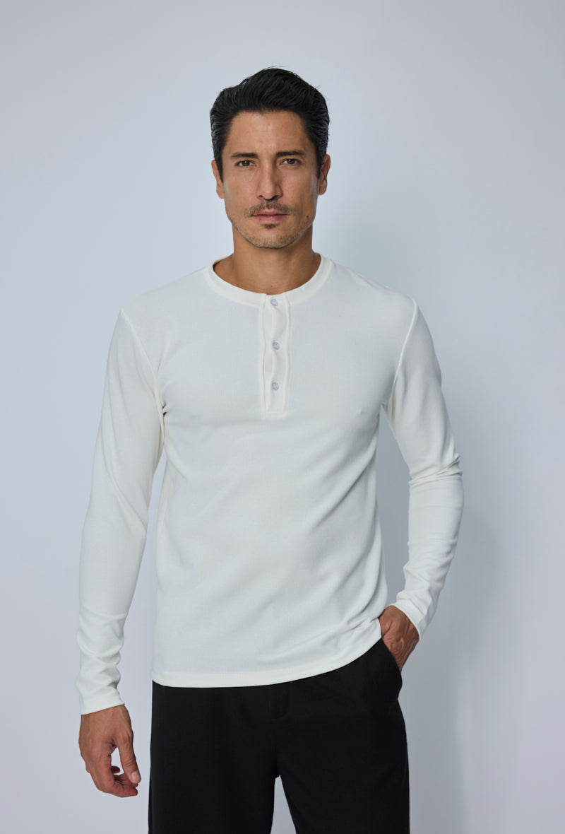 T-shirt Henley homme manches longues en maille côtelée, col tunisien boutonné, coupe ajustée