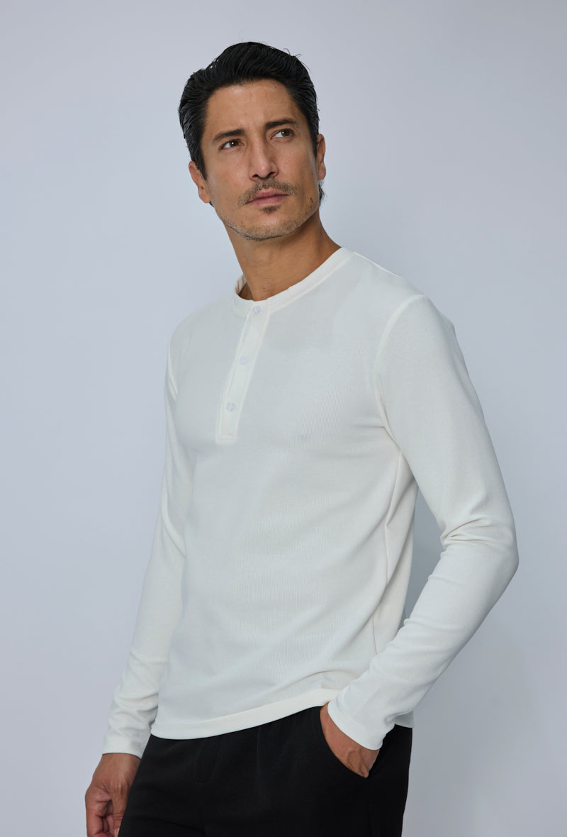 T-shirt Henley homme manches longues en maille côtelée, col tunisien boutonné, coupe ajustée