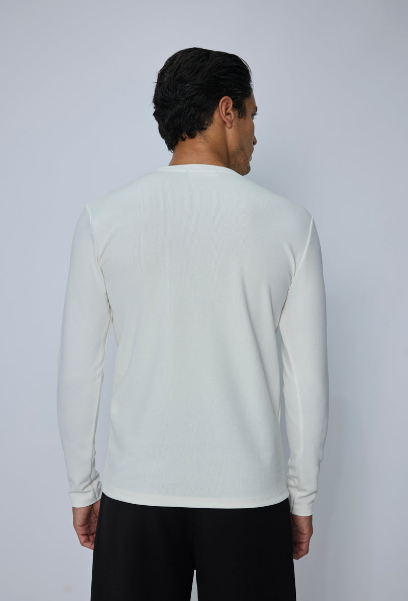 T-shirt Henley homme manches longues en maille côtelée, col tunisien boutonné, coupe ajustée