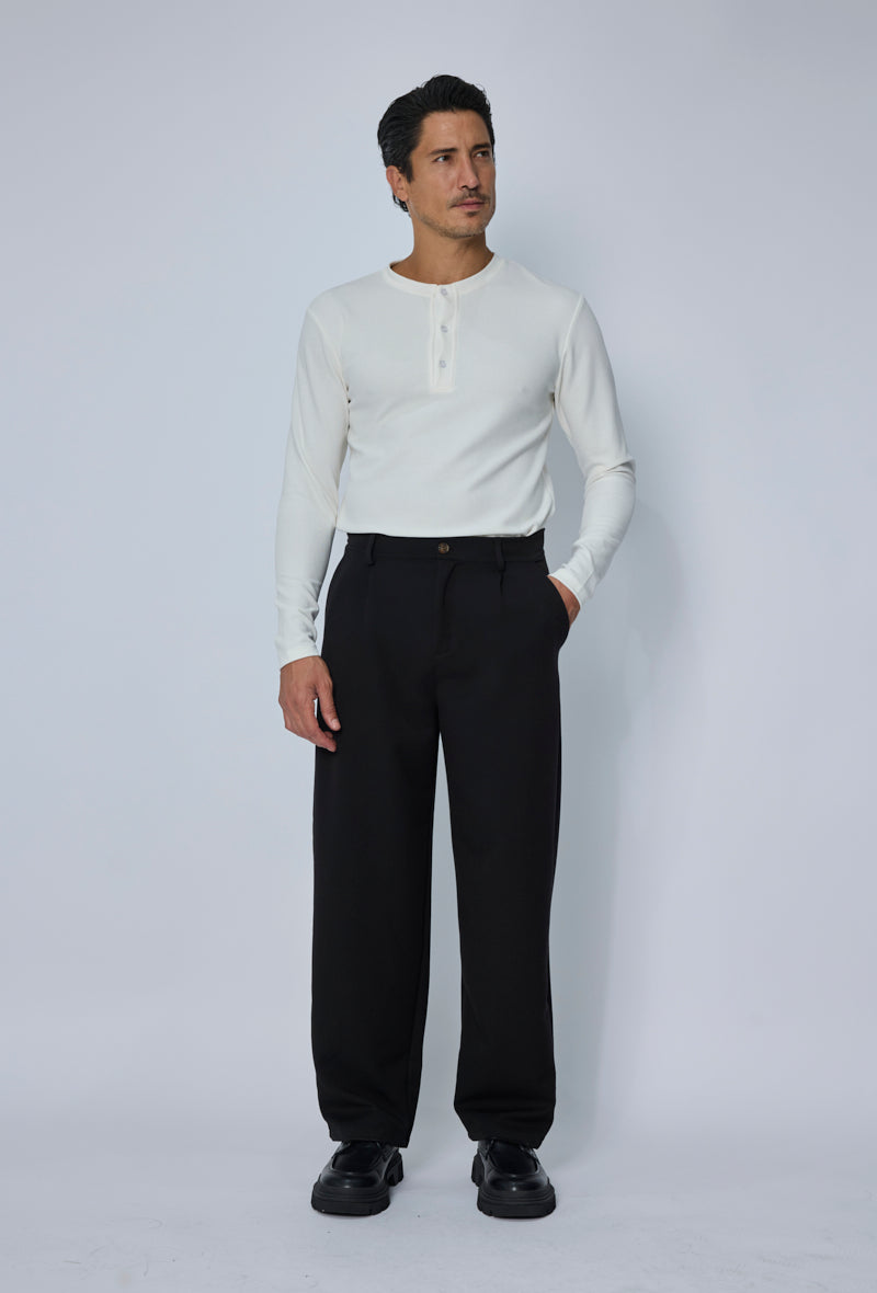 T-shirt Henley homme manches longues en maille côtelée, col tunisien boutonné, coupe ajustée