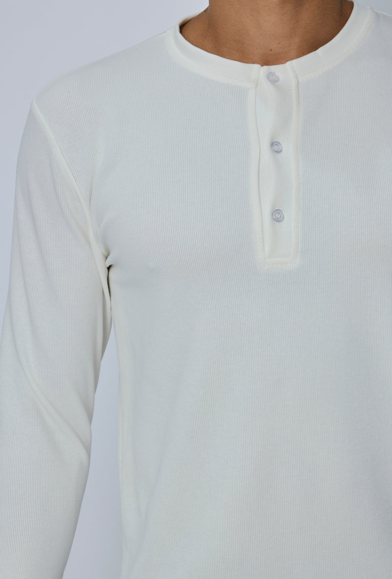 T-shirt Henley homme manches longues en maille côtelée, col tunisien boutonné, coupe ajustée
