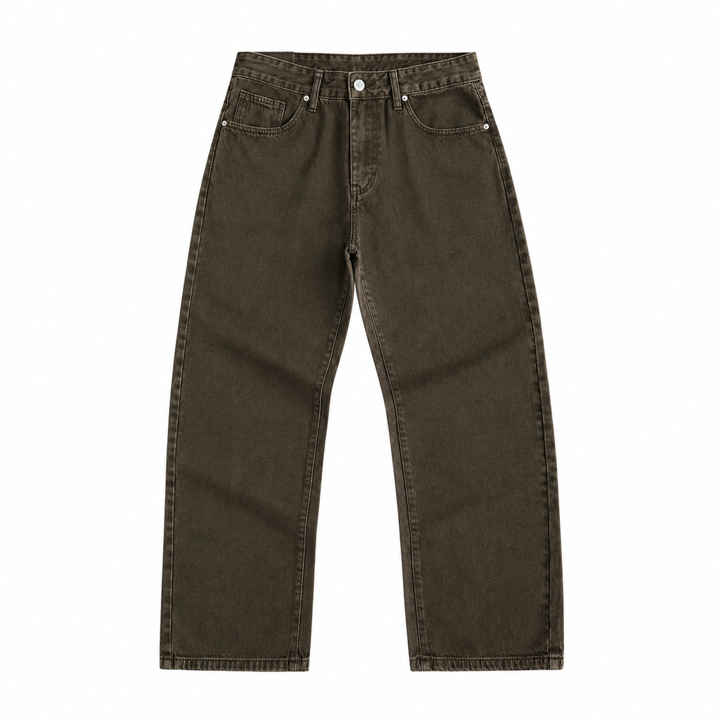Jean homme baggy coupe large marron délavé, jambe droite ample