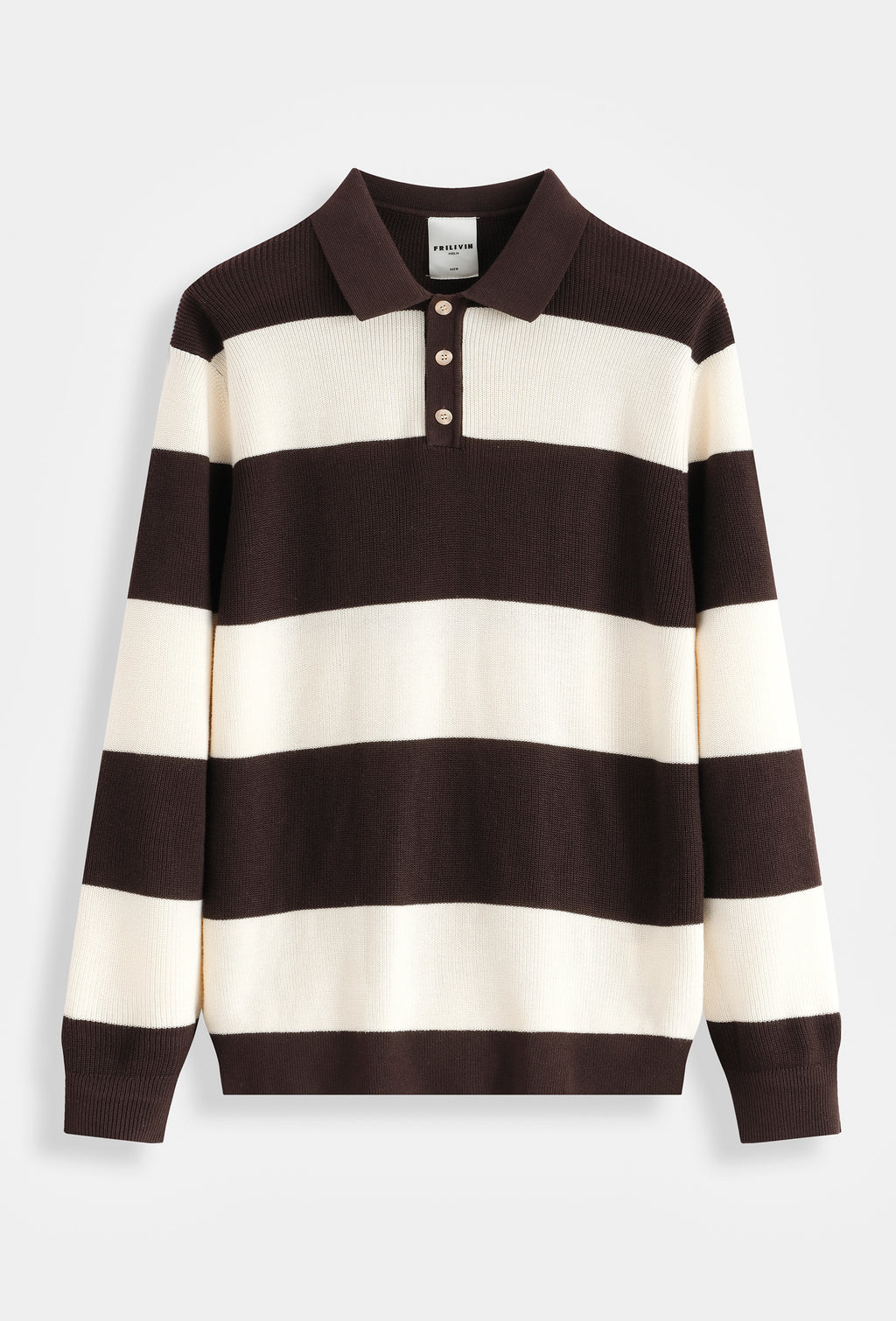 Polo homme manches longues en maille côtelée à larges rayures, style rugby, col polo 3 boutons