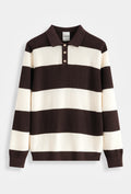 Polo homme manches longues en maille côtelée à larges rayures, style rugby, col polo 3 boutons