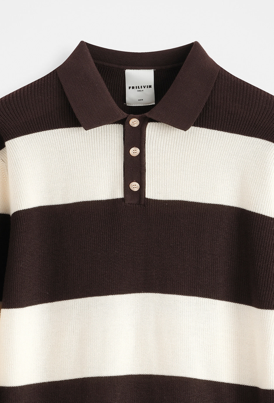 Polo homme manches longues en maille côtelée à larges rayures, style rugby, col polo 3 boutons