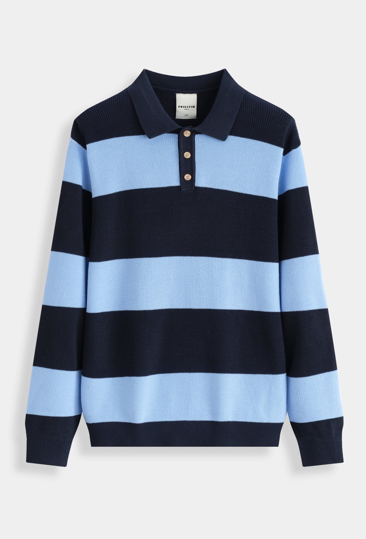 Polo homme manches longues en maille côtelée à larges rayures, style rugby, col polo 3 boutons