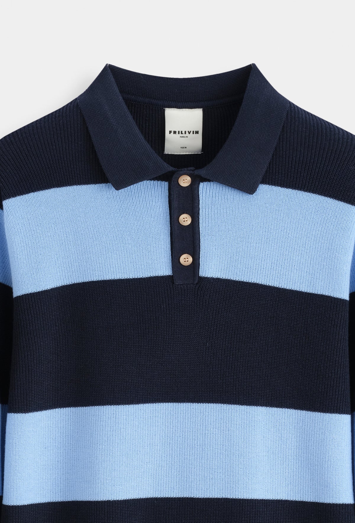 Polo homme manches longues en maille côtelée à larges rayures, style rugby, col polo 3 boutons