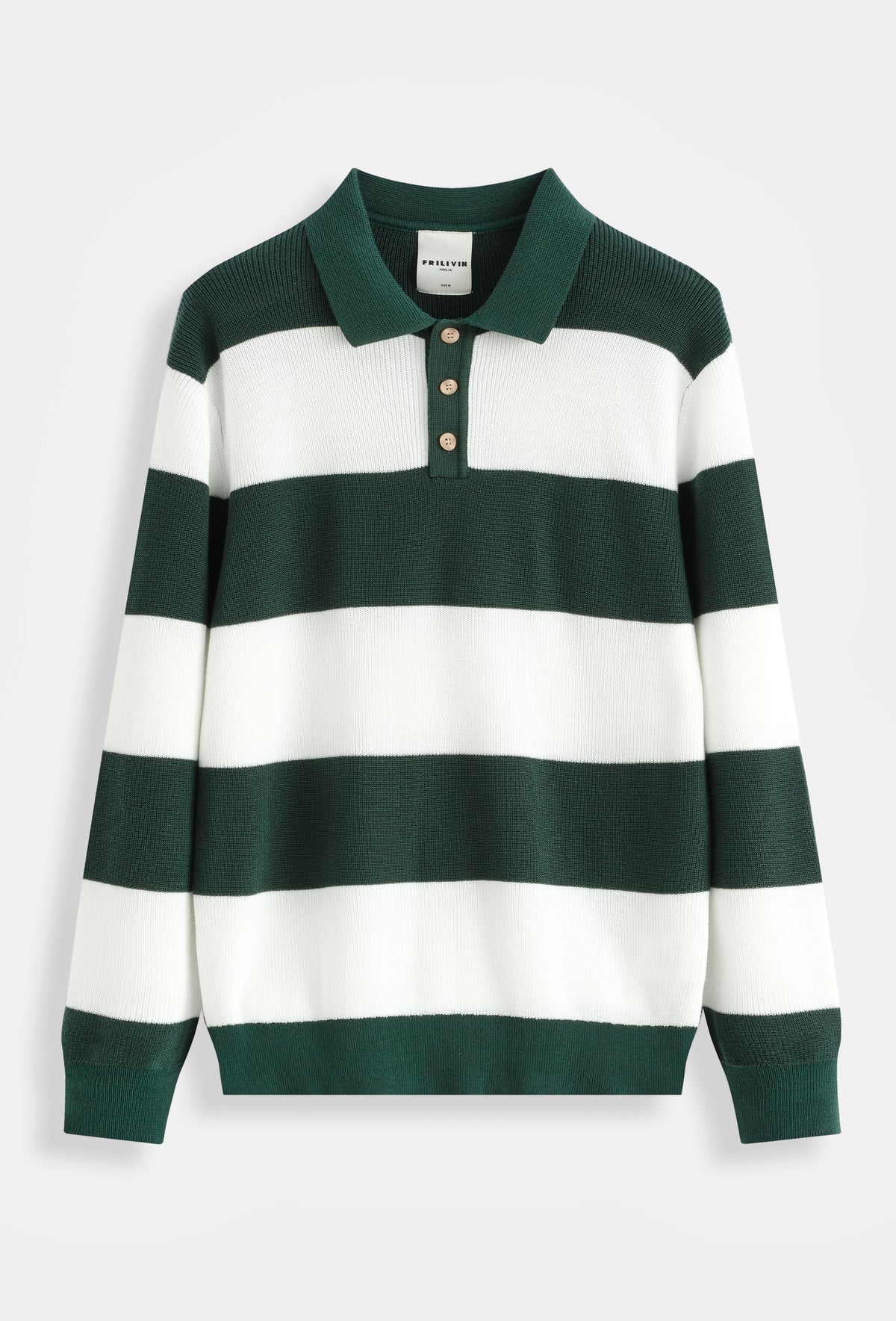Polo homme manches longues en maille côtelée à larges rayures, style rugby, col polo 3 boutons
