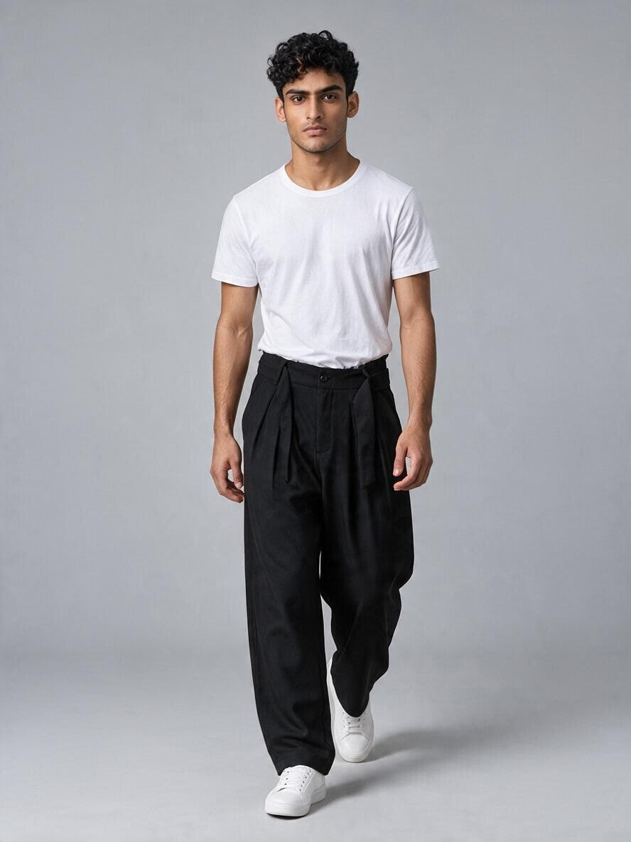 Pantalon à Pinces Baggy Homme Taille Haute, Ceinture à Nouer