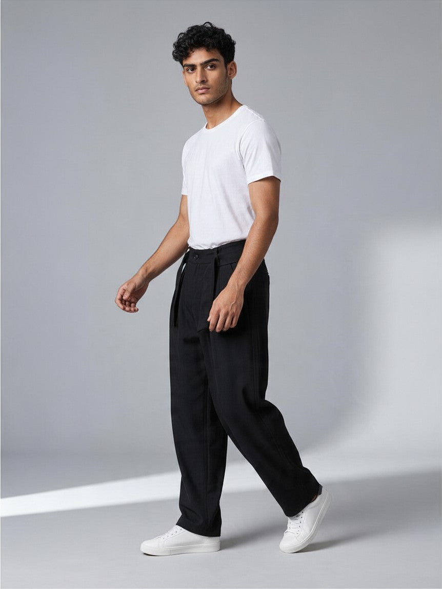 Pantalon à Pinces Baggy Homme Taille Haute, Ceinture à Nouer