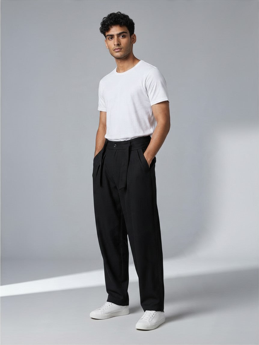 Pantalon à Pinces Baggy Homme Taille Haute, Ceinture à Nouer