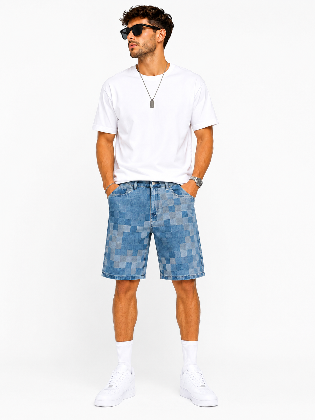Short en jean homme motif patchwork Style streetwear tendance