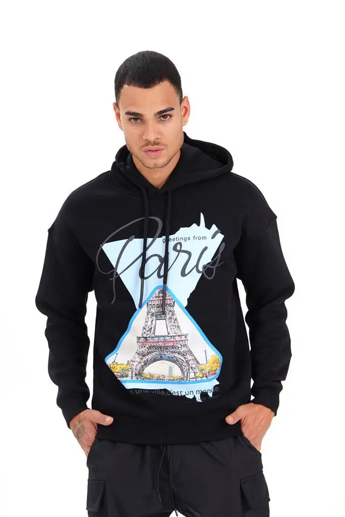 Sweat capuche Paris noir bonhomme