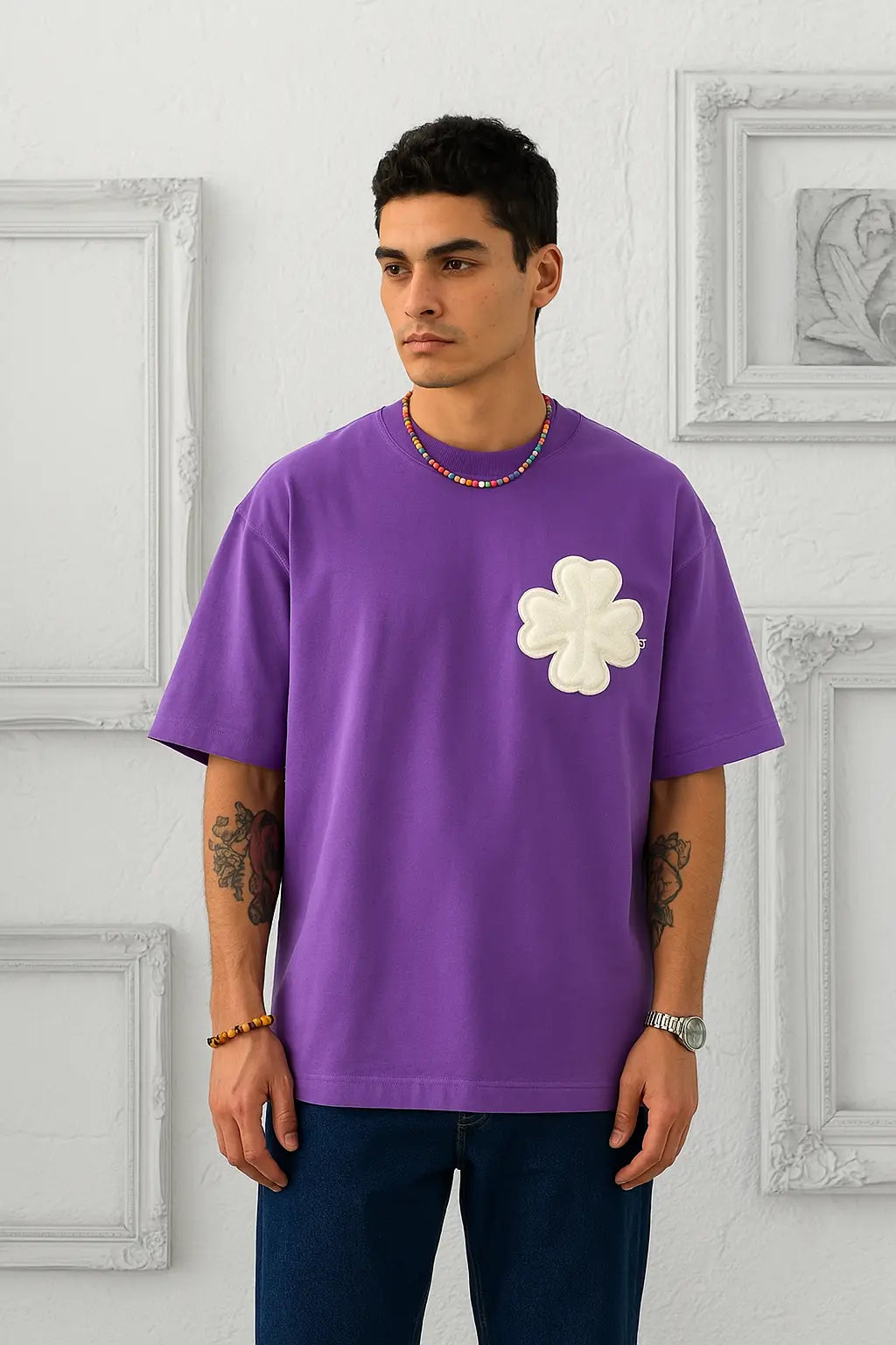 T-shirt Violet Oversize avec motif floral en couture tricoté bonhomme